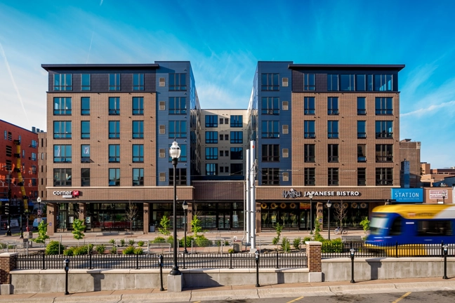 Final exterior image of The Station on Washington Student Housing Development in Minneapolis